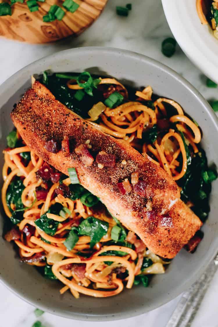 Creamy salmon sweet potato noodle bowls overhead close up of bowl