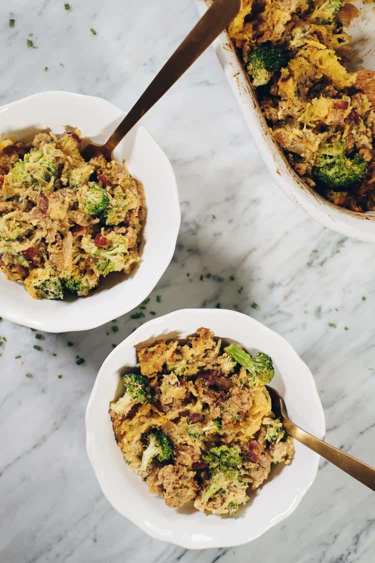 This Paleo and Whole30 Creamy Bacon Ranch Chicken Casserole is all you need to know this fall and winter. It's a healthier, creamy and dairy-free casserole! | realsimplegood.com