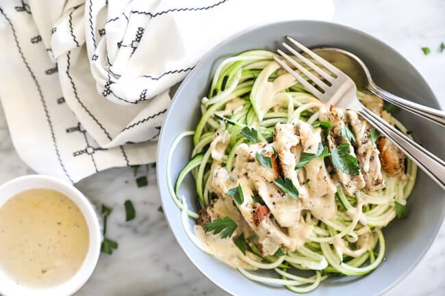 overhead horizontal image of creamy chicken alfredo over zucchini noodles with a fork and spoon in the bowl. 