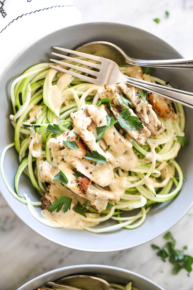 Overhead vertical image close up of creamy chicken alfredo in a bowl with a fork and spoon. 