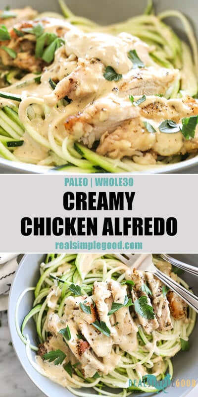 Two close up images of creamy chicken alfredo in a bowl with text overlay in the middle. 