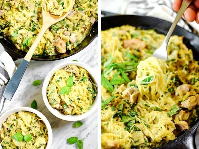 Creamy chicken casserole collage. One image in cast iron skillet with fork scooping a bite out. The other image is in the cast iron skillet with serving spoon and also served in two bowls with fresh basil garnish. 