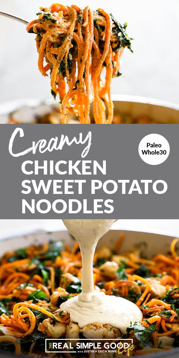 Split image with text in middle. Creamy sweet potato noodles on a fork on top and sauce being poured into a pan with noodles on the bottom.