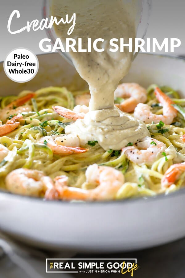 Creamy garlic shrimp in paw with sauce pouring on top. Text at top.