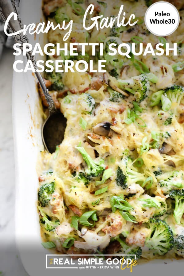 Casserole with broccoli, sausage, spaghetti squash and mushrooms