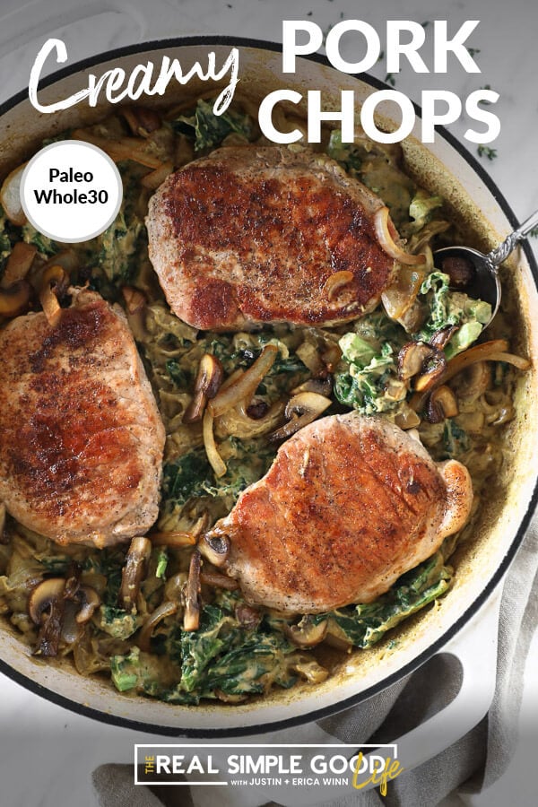 Vertical image with text overlay at top. Pork chops in a creamy sauce in a skillet with a serving spoon. 