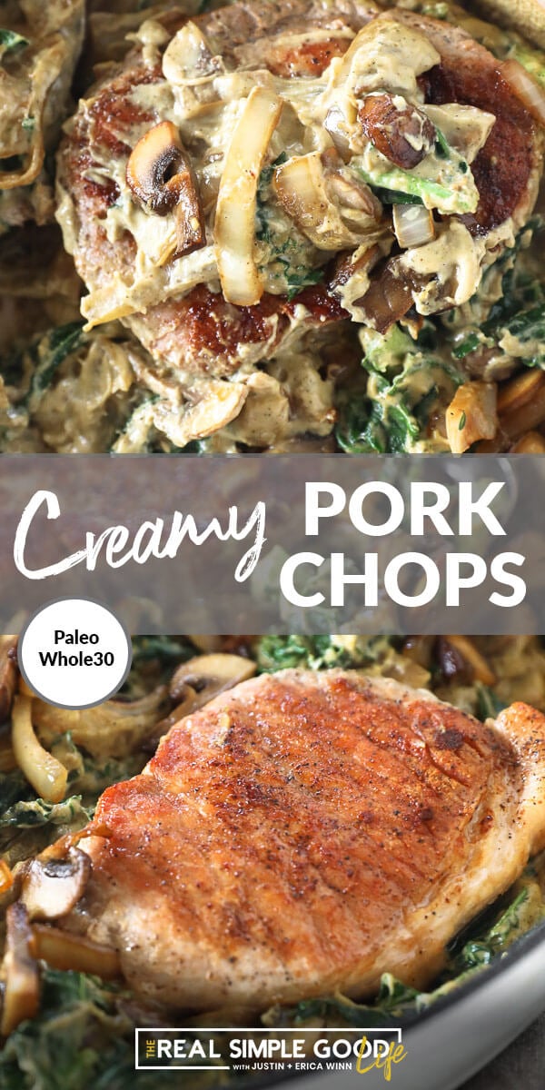 Vertical split image with text overlay in the middles. Top image close up of pork chops in skillet with creamy sauce on top. Bottom image angled shot of close up of one pork chop in skillet. 