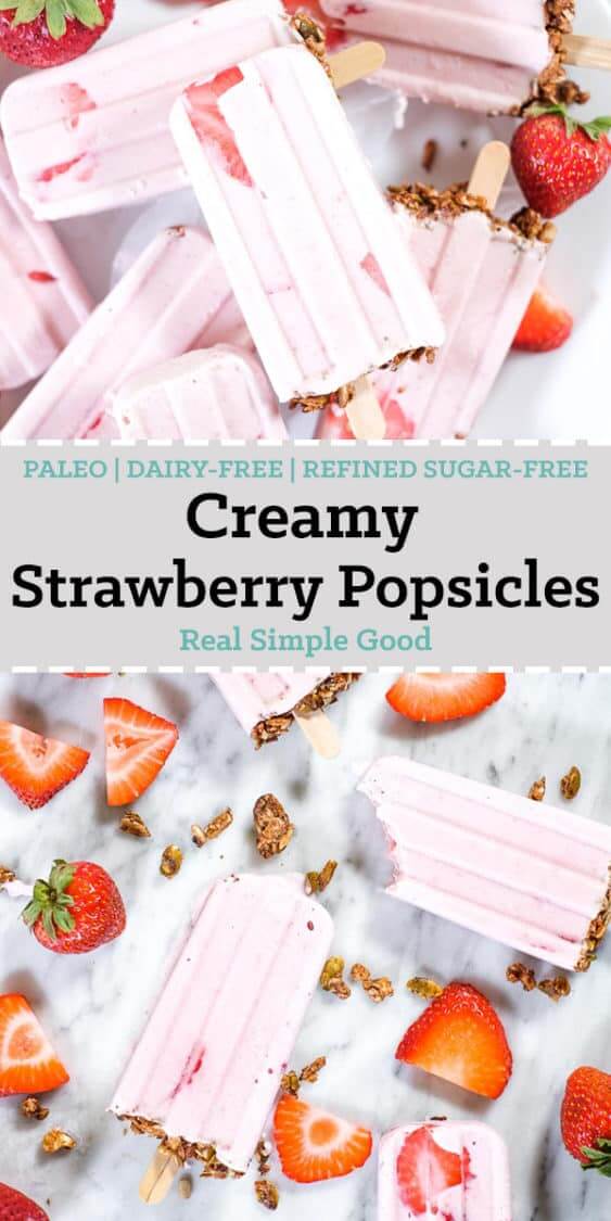 Creamy strawberry popsicles with granola on the bottom and fresh strawberries long pin