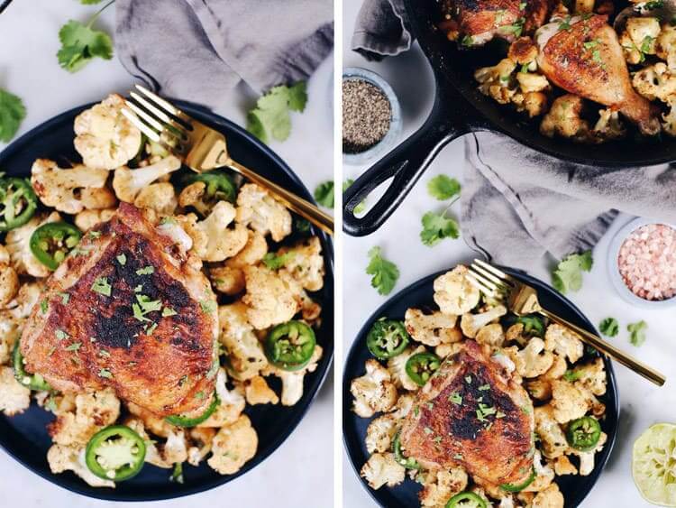 Crispy chicken thighs with zesty cauliflower are the perfect Paleo + Whole30 spicy meal. Packed with flavor, including citrus, cilantro and jalapeño! Paleo + Whole30. | realsimplegood.com