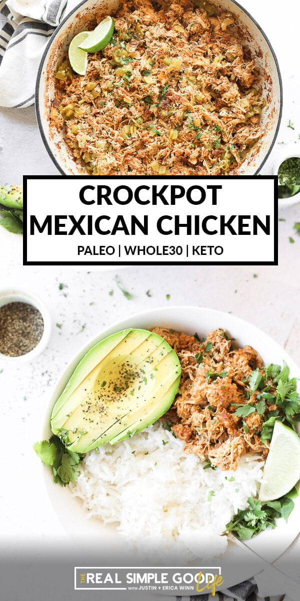 Vertical split image of crockpot mexican chicken shredded in a skillet on top and served in a bowl with rice and avocado on the bottom. Text overlay in the middle. 