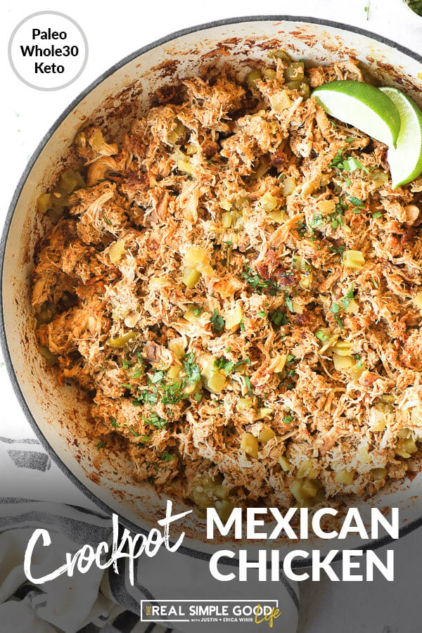 Close up image of mexican chicken shredded in a skillet with text overlay at the bottom. 