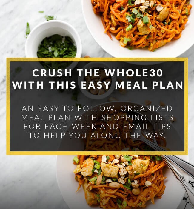 Image of two bowls with chicken sweet potato noodles and text overlay of crush the Whole30 with this easy meal plan