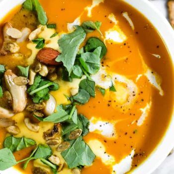 Close up overhead image of curried butternut squash soup