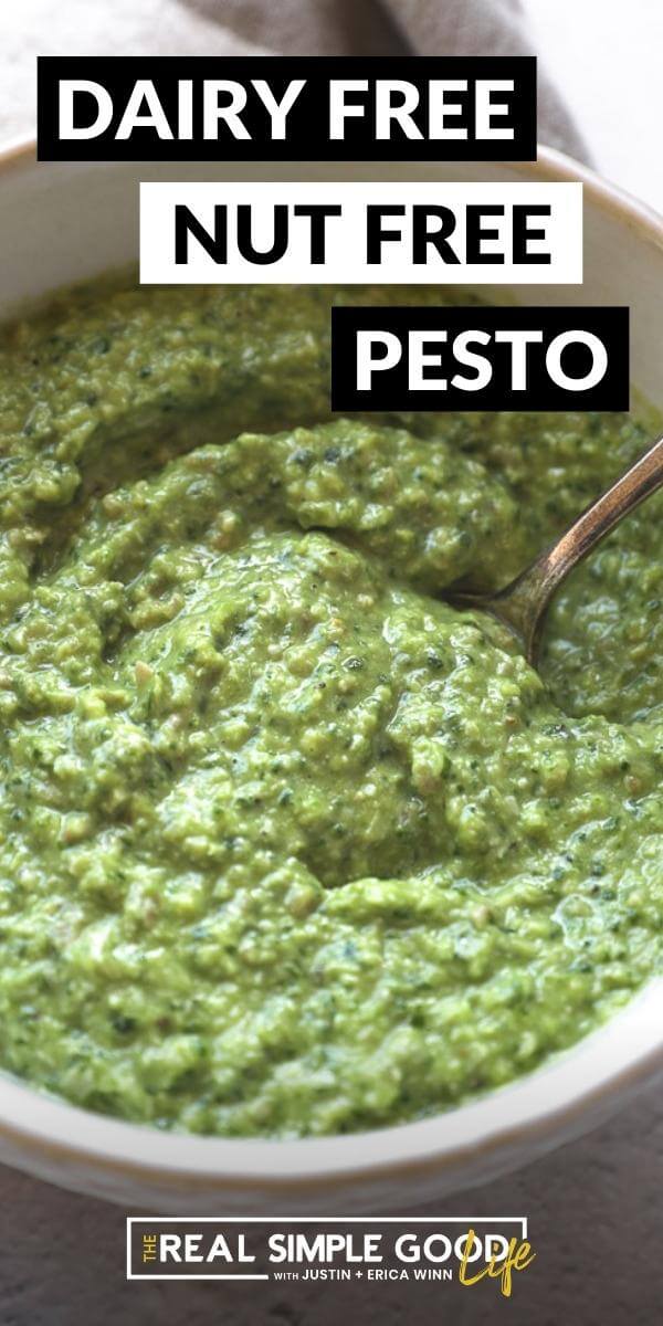 Vertical image with text overlay at the top. Close up image of healthy pesto sauce in a bowl. 