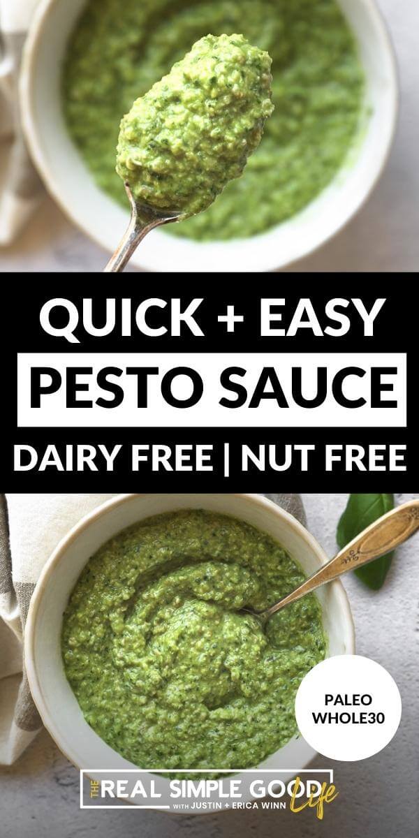 Vertical split image with text overlay in the middle. Top image of a spoonful of pesto sauce. Bottom image of a bowl full of dairy and nut free pesto with a spoon. 