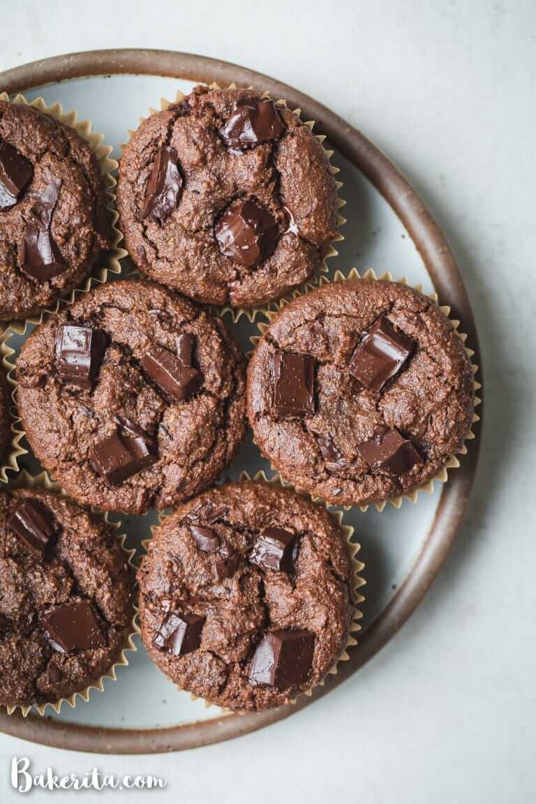 Overhead image of chocolate chip muffins on a plate