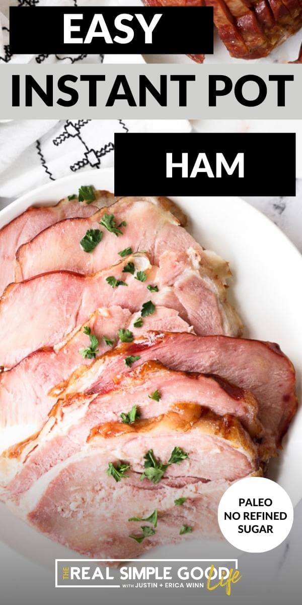 Overhead shot of ham slices on a white plate with chopped parsley and text overlay at top