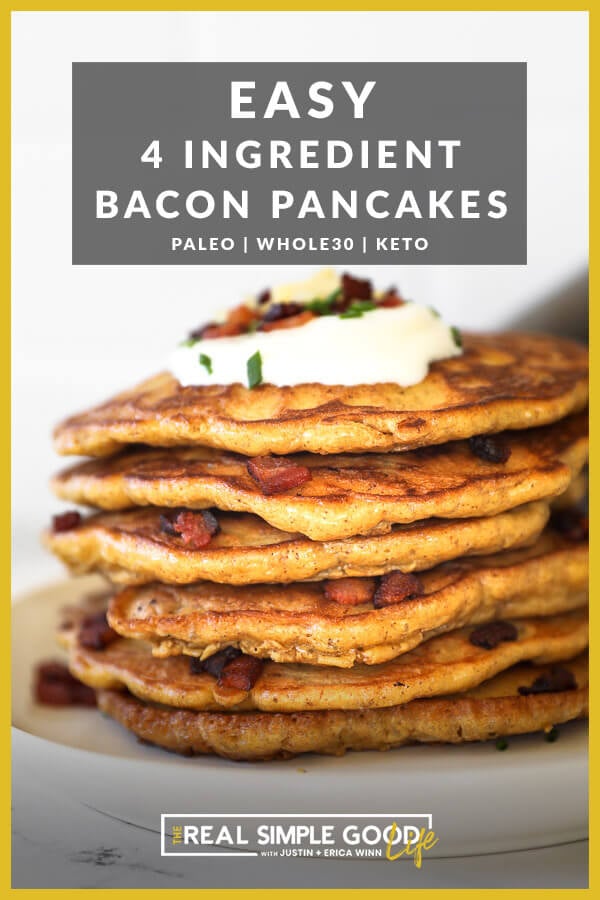 vertical image with text overlay at top. image of stack of bacon pancakes on a plate, topped with sour cream, chives, bacon and cheese. 