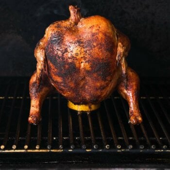 Beer can chicken on a traeger grill fully roasted