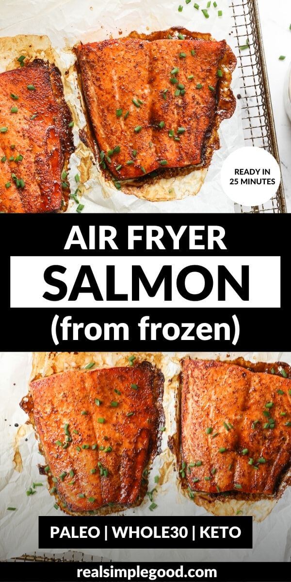 Vertical split image with text overlay in the middle. Top image is close up of a piece of air fryer salmon. Bottom image of two pieces of salmon on tray.