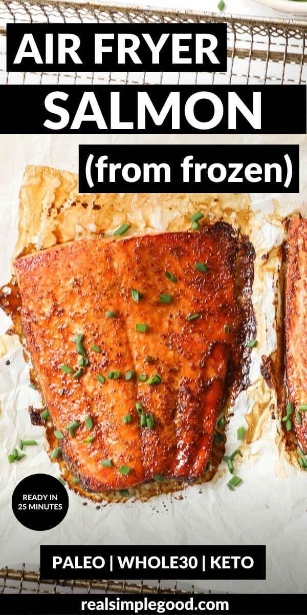 Vertical image with text overlay at the top. Image is close up overhead shot of one piece of salmon with chopped chives on top.