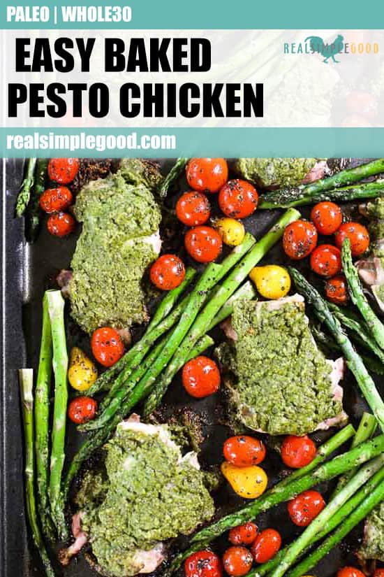 Easy baked pesto chicken on sheet pan with tomatoes and asparagus pinterest image with text at top