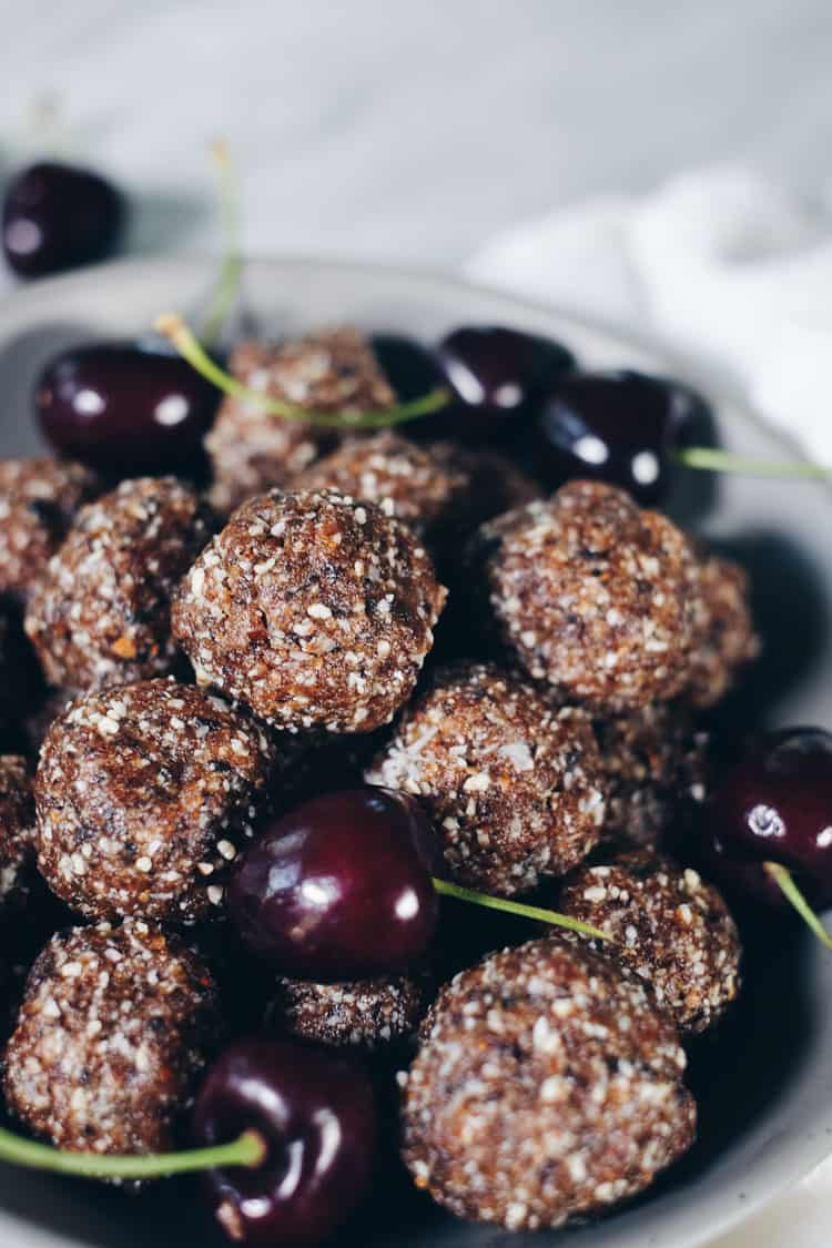 Snacks like these easy cherry Paleo energy balls are great! Just grab a couple and go! You'll have a quick and tasty bite to keep you fueled! Paleo, Gluten-Free, Refined Sugar-Free. | realsimplegood.com