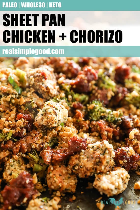 Easy chicken and chorizo bake close up on a sheet pan at an angle with text overlay at top. 