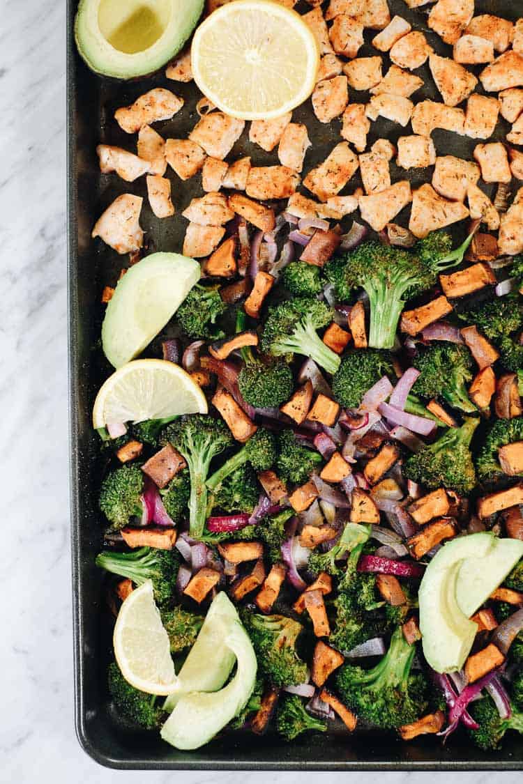 We love recipes with simple ingredients that come together easily and taste great! This Paleo and Whole30 chicken sweet potato bake is filled with vegetables and some basic seasonings to create a flavorful and filling meal. You will love the hint of citrus in this Paleo and Whole30 compliant sheet pan meal. #paleo #whole30 #sheetpan #onepan | realsimplegood.com