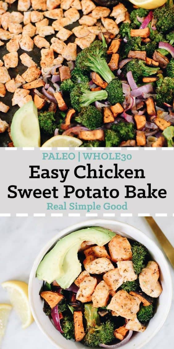 We love recipes with simple ingredients that come together easily and taste great! This Paleo and Whole30 chicken sweet potato bake is filled with vegetables and some basic seasonings to create a flavorful and filling meal. You will love the hint of citrus in this Paleo and Whole30 compliant sheet pan meal. #paleo #whole30 #sheetpan #onepan | realsimplegood.com