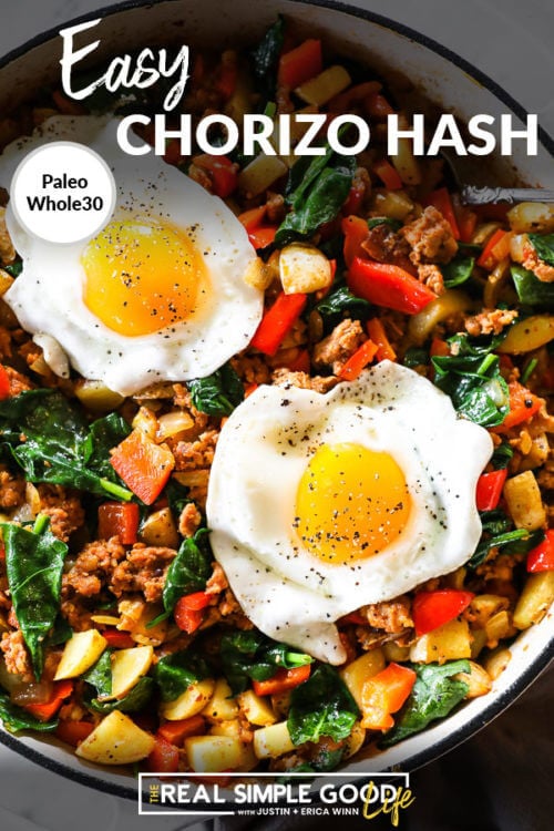 Close up vertical image of easy chorizo hash in skillet with fried eggs on top. Text overlay at top.