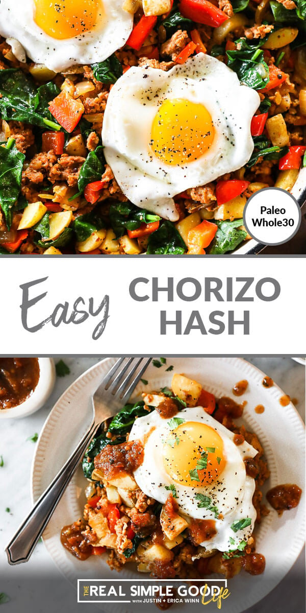 Easy chorizo hash split image. Eggs in skillet on top and hash on a plate on the bottom. Text in middle.