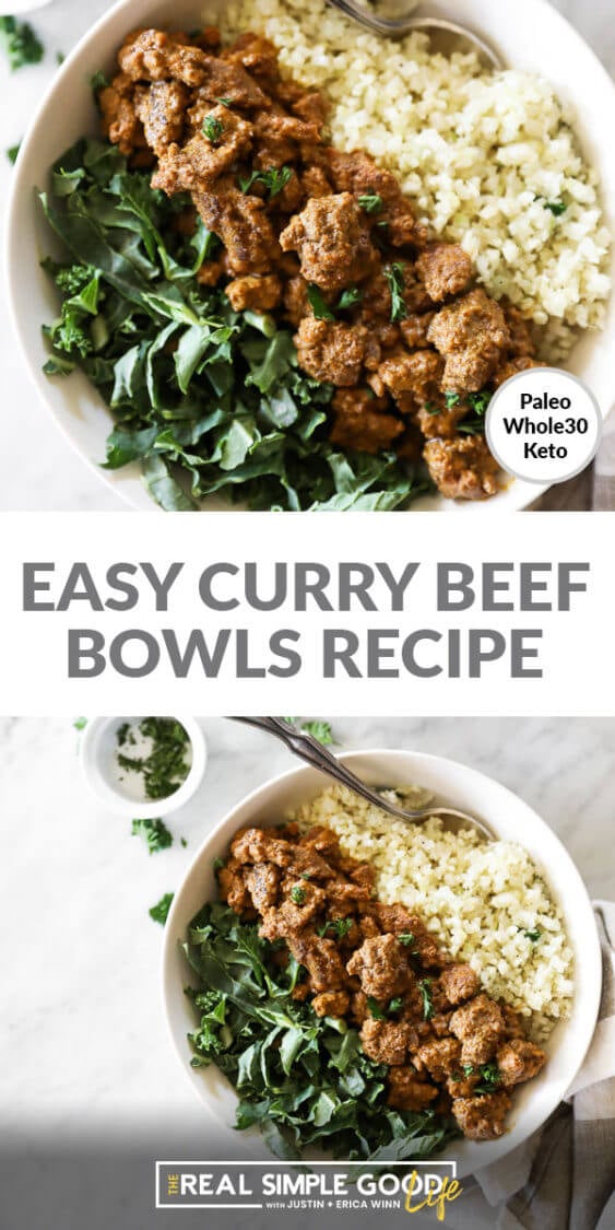 Two vertical images of easy curry beef with text overlay in the middle. top image is close up of curry beef bowl and bottom image is slightly more pulled out. 