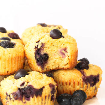 Gluten free lemon blueberry muffins on a cake stand.
