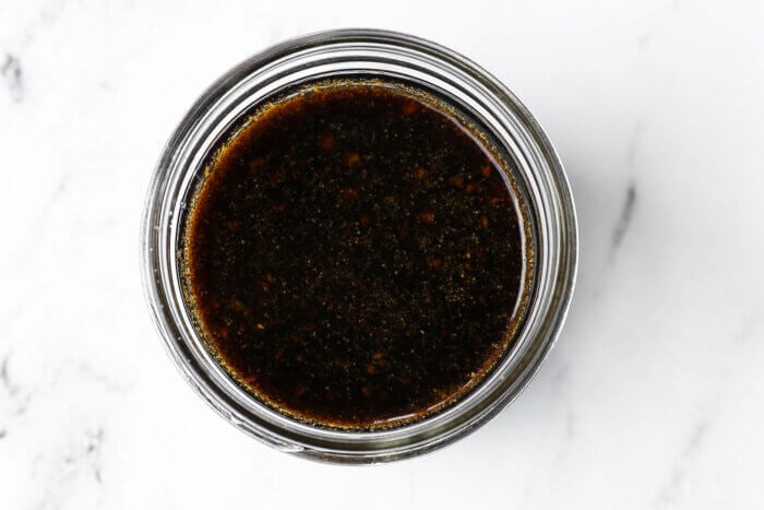 Overhead image of stir fry sauce in a jar
