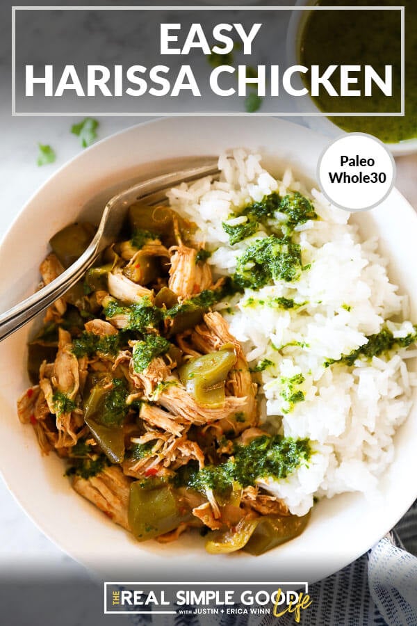 Easy harissa chicken served in a bowl with white rice and a green sauce drizzled on top. Text overlay at top. 