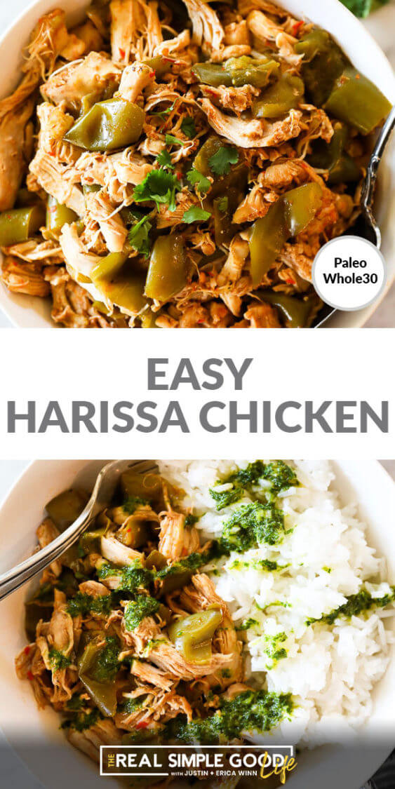 Two vertical images with text overlay in the middle. Top image is close up of easy harissa chicken recipe. Bottom image is the chicken served in a bowl with green sauce on top. 