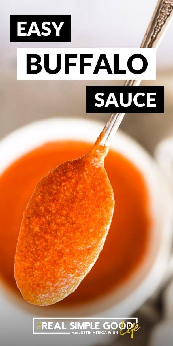 Close up of spoonful of buffalo sauce with text overlay on top