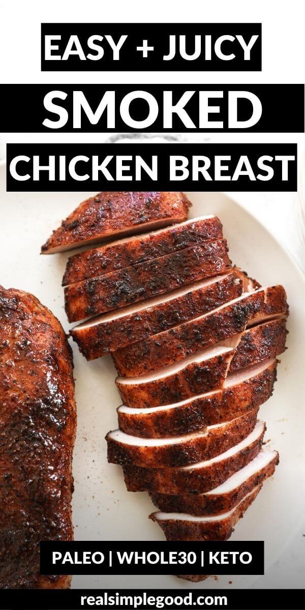 Vertical image with text overlay at the top. Close up image of a piece of smoked chicken breast sliced on a plate.
