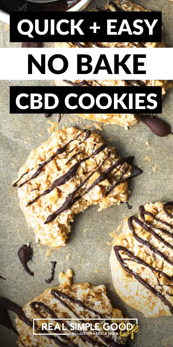 Vertical image with text overlay at the top. Image of cbd cookies on a baking sheet and one cookie has a bite taken out of it. Cookies are drizzled with chocolate on top. 