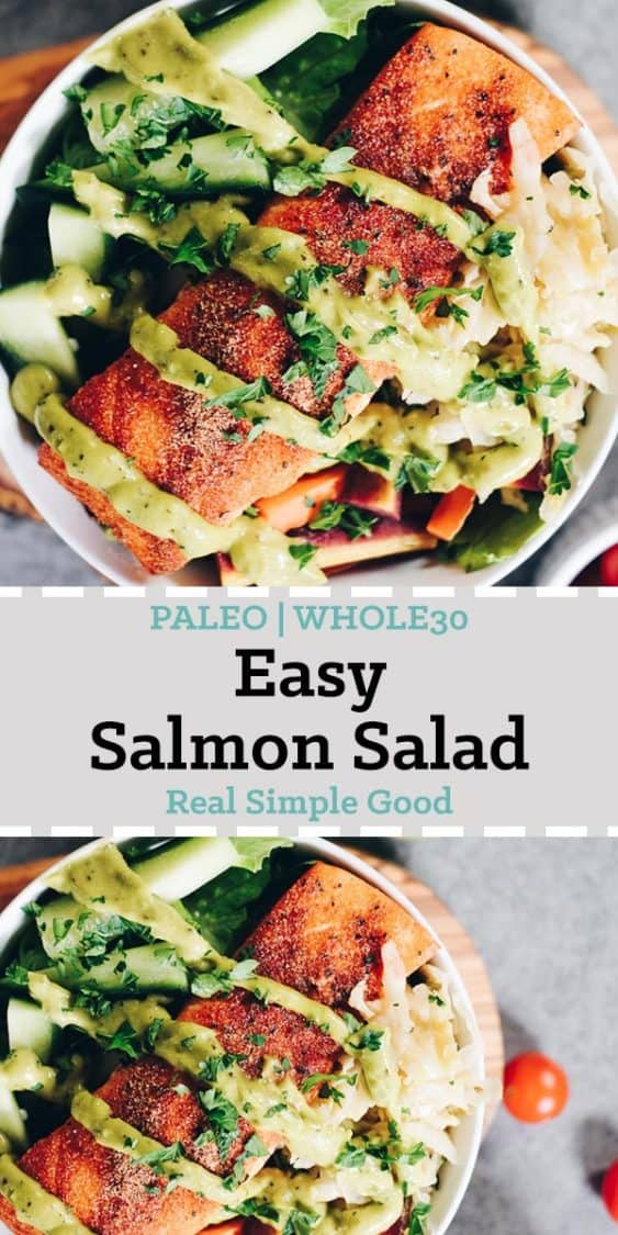 These easy Whole30 and Paleo Salmon Salad Bowls are the perfect way to sneak more salmon in and make a meal that you will absolutely look forward to making again! It's packed with healthy fats and colorful veggies your body will love! #paleolife #whole30meals #whole30 #healthyfats | realsimplegood.com