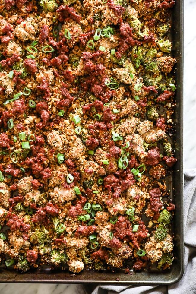 Easy chicken and chorizo bake on sheet pan overhead vertical shot