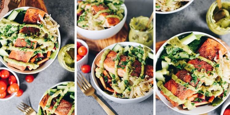 These easy Whole30 and Paleo Salmon Salad Bowls are the perfect way to sneak more salmon in and make a meal that you will absolutely look forward to making again! It's packed with healthy fats and colorful veggies your body will love! #paleolife #whole30meals #whole30 #healthyfats | realsimplegood.com