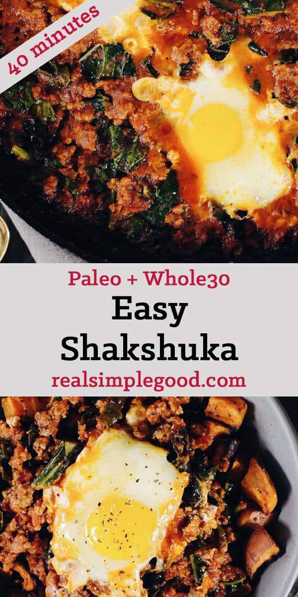 This Paleo and Whole30 Easy Shakshuka Recipe is a hearty and filling make ahead breakfast that will have you feeling well fed to start your day. Paleo + Whole30 | realsimplegood.com