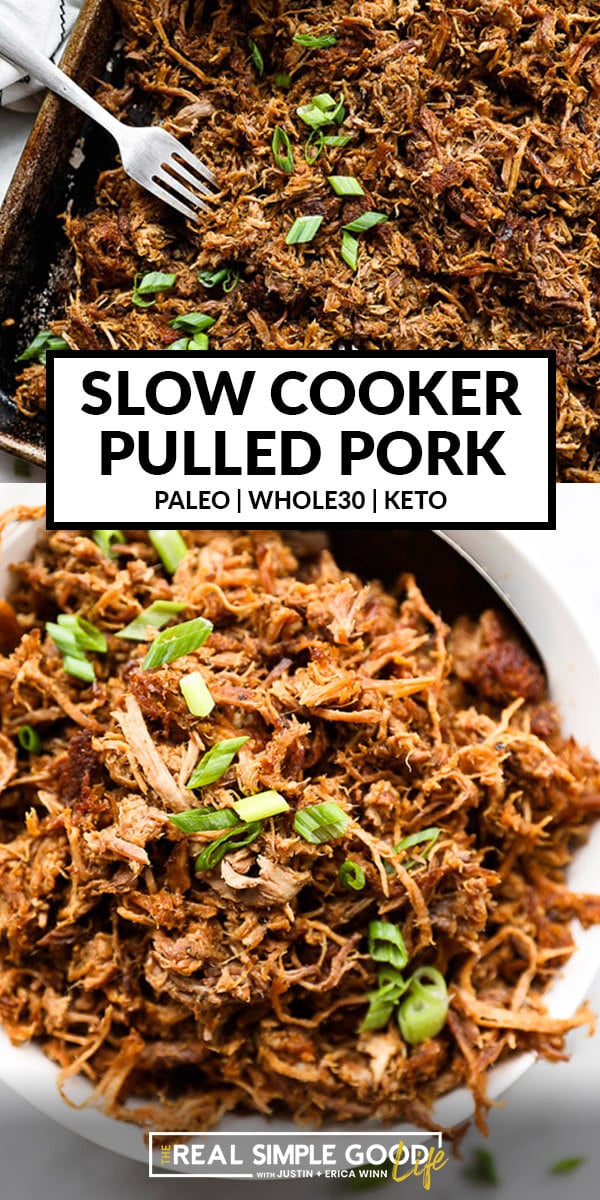 Split image with text in middle. Shredded pork on a sheet pan on top and shredded pork in a bowl on bottom