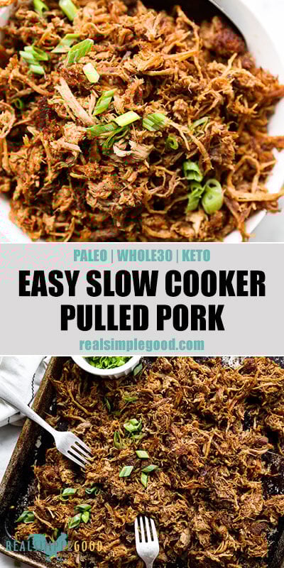 Easy slow cooker pulled pork split image with text in middle. In a bowl on top and in a sheet pan with forks on the bottom.