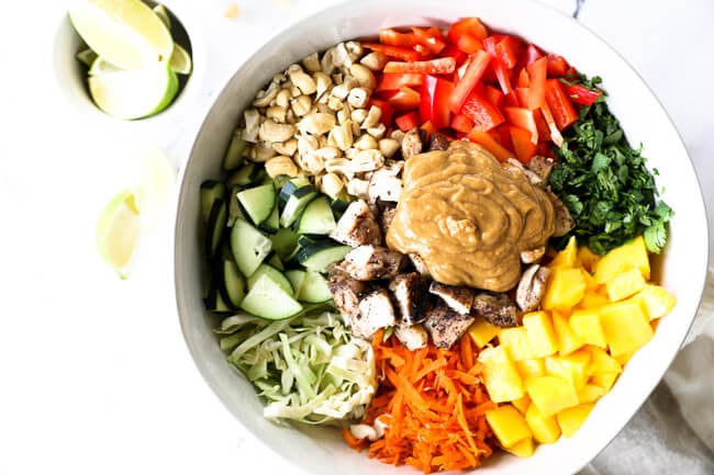 Horizontal overhead image of thai chicken salad in a large serving bowl with all the ingredients separated out - cabbage, cucumber, cashews, red bell pepper, cilantro, mango, carrots, chicken and a "peanut" sauce. 