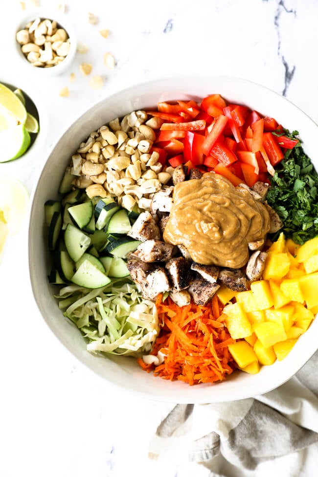 Vertical overhead image of thai chicken salad in a large serving bowl with all the ingredients separated out - cabbage, cucumber, cashews, red bell pepper, cilantro, mango, carrots, chicken and a peanut sauce. 