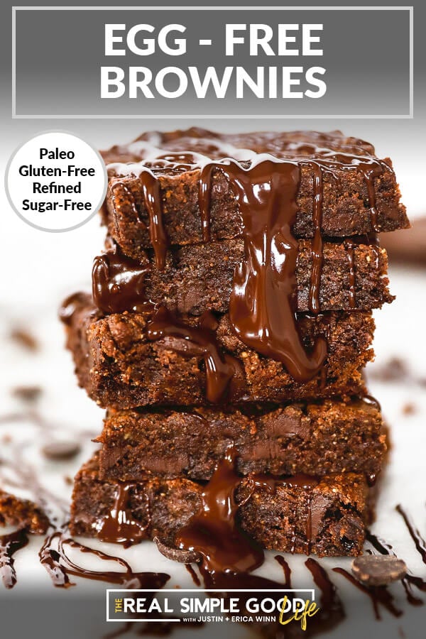 Close up vertical image of stack of egg-free brownies with text overlay at top. 