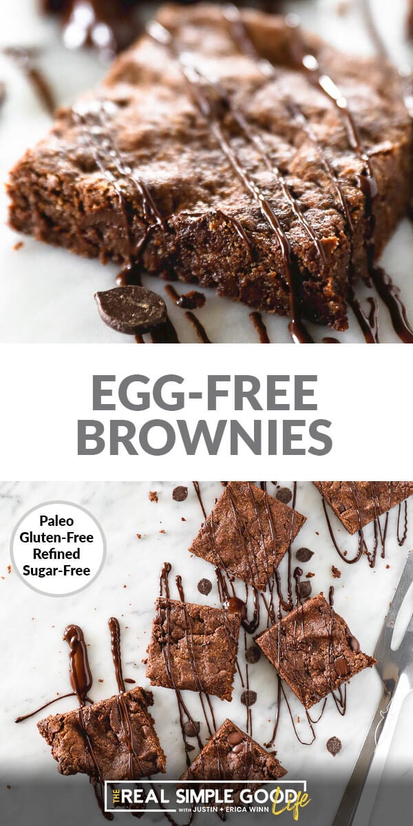 Vertical split image of egg-free brownies with text overlay in the middle. Top image is angled close up of one square with chocolate sauce drizzled on top. Bottom image is overhead of squares laid out on marble with chocolate drizzled on top. 